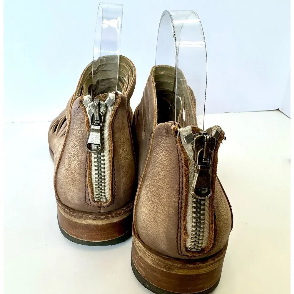 Free People Lost Valley Tan Leather Distressed Ankle Boot Bootie Size EU 38